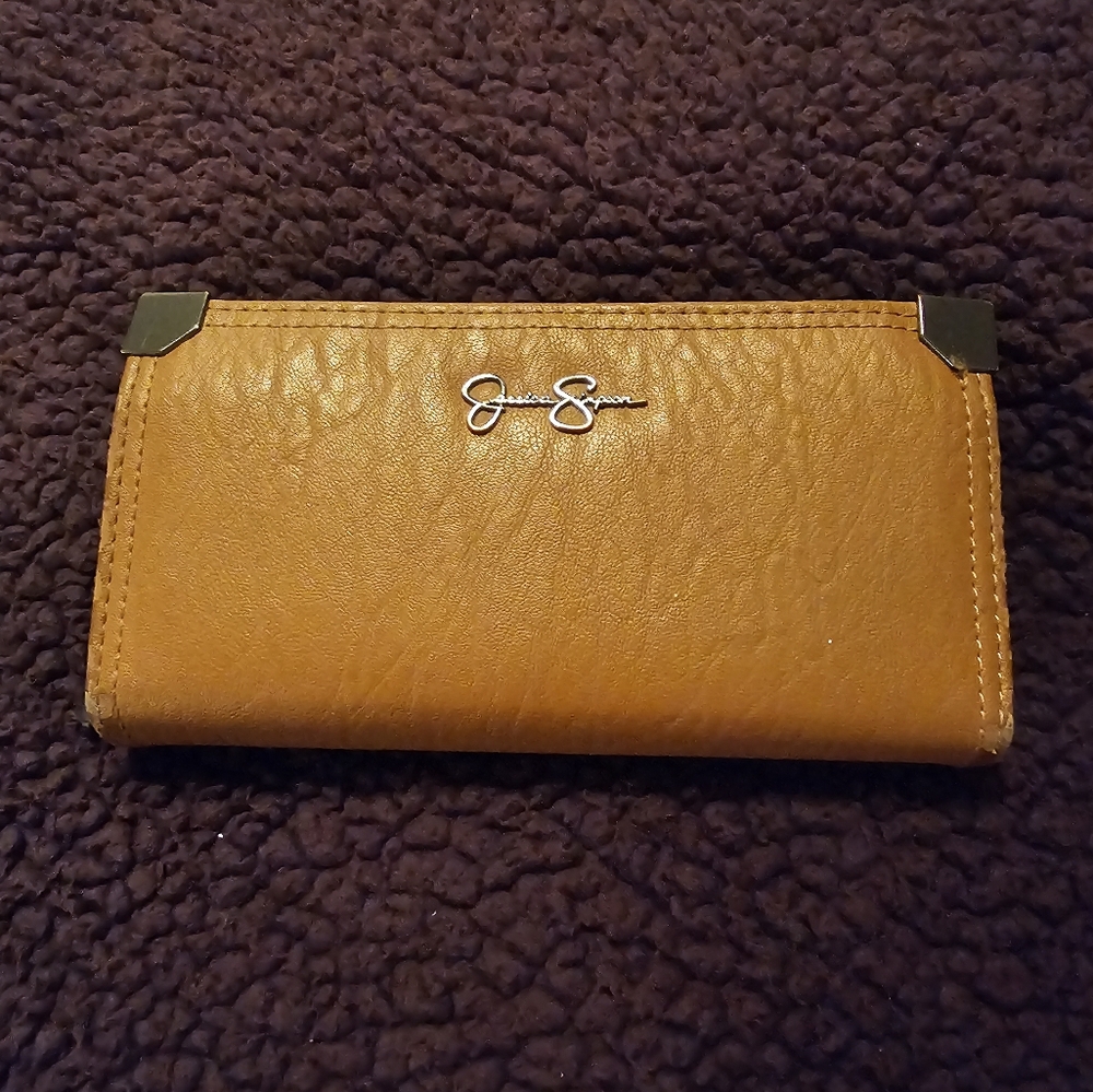 Jessica Simpson Faux Leather Zip Clutch Wallet Tan GUC